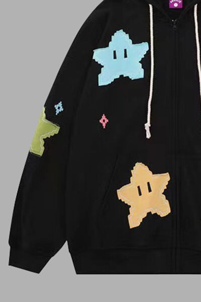 Star Drawstring Zip Up Dropped Shoulder Hoodie