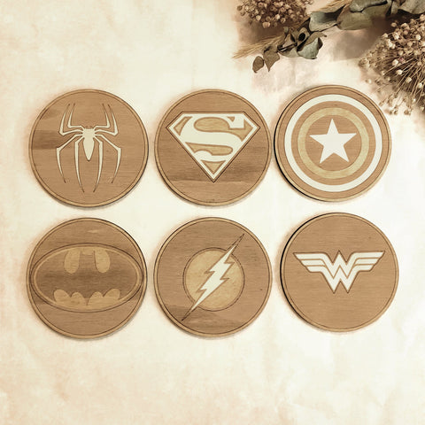 Set of 6 Superheroes Wooden Coasters - Handmade Gift - Housewarming - Wood Kitchenware-0