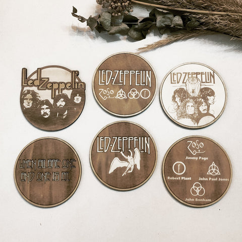 Set of 6 Led Zeppelin Wooden Coasters - Handmade Gift - Housewarming - Wood Kitchenware-0