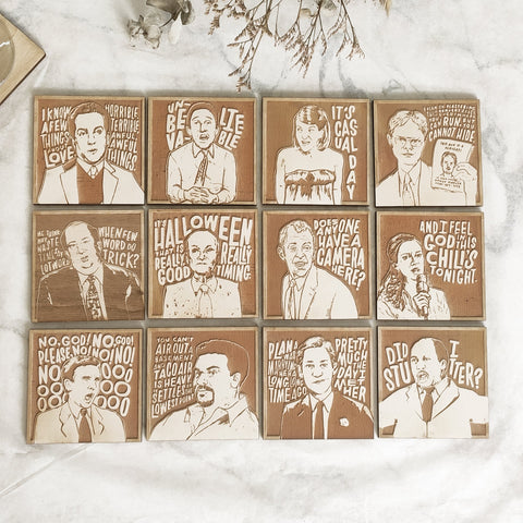 Set of 12 The Office Wooden Coasters - Handmade Gift - Housewarming - Wood Kitchenware-0