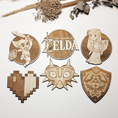 Set of 6 Legend of Zelda Wooden Coasters - Handmade Gift - Housewarming - Wood Kitchenware - Rock Band-0