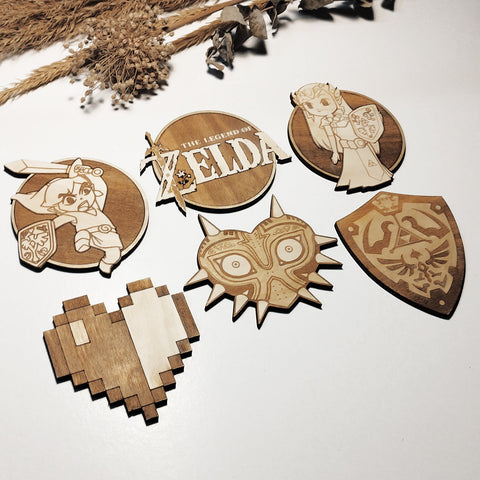 Set of 6 Legend of Zelda Wooden Coasters - Handmade Gift - Housewarming - Wood Kitchenware - Rock Band-1