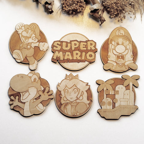 Set of 6 Super Mario Bros Wooden Coasters - Handmade Gift - Housewarming - Wood Kitchenware-0