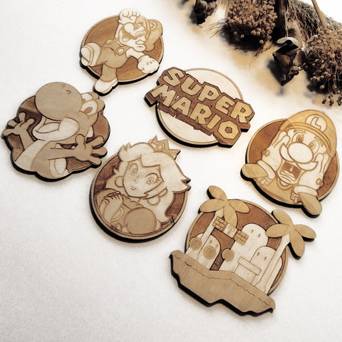 Set of 6 Super Mario Bros Wooden Coasters - Handmade Gift - Housewarming - Wood Kitchenware-1