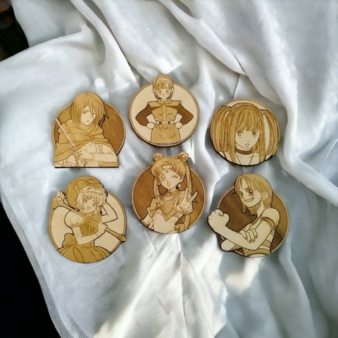 Set of 6 Empowering Women of Anime Wooden Coasters - Handmade Gift - Housewarming - Wood Kitchenware-0