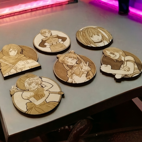 Set of 6 Empowering Women of Anime Wooden Coasters - Handmade Gift - Housewarming - Wood Kitchenware-8