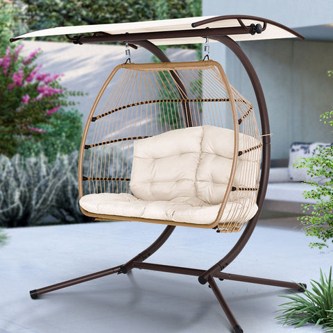 Gardeon Outdoor Furniture Lounge Hanging Swing Chair Egg Hammock Stand Rattan Wicker Latte-7