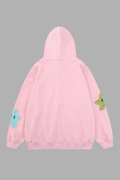 Star Drawstring Zip Up Dropped Shoulder Hoodie