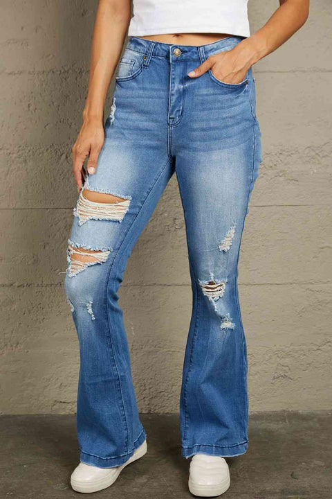 Distressed Flare Leg Jeans with Pockets